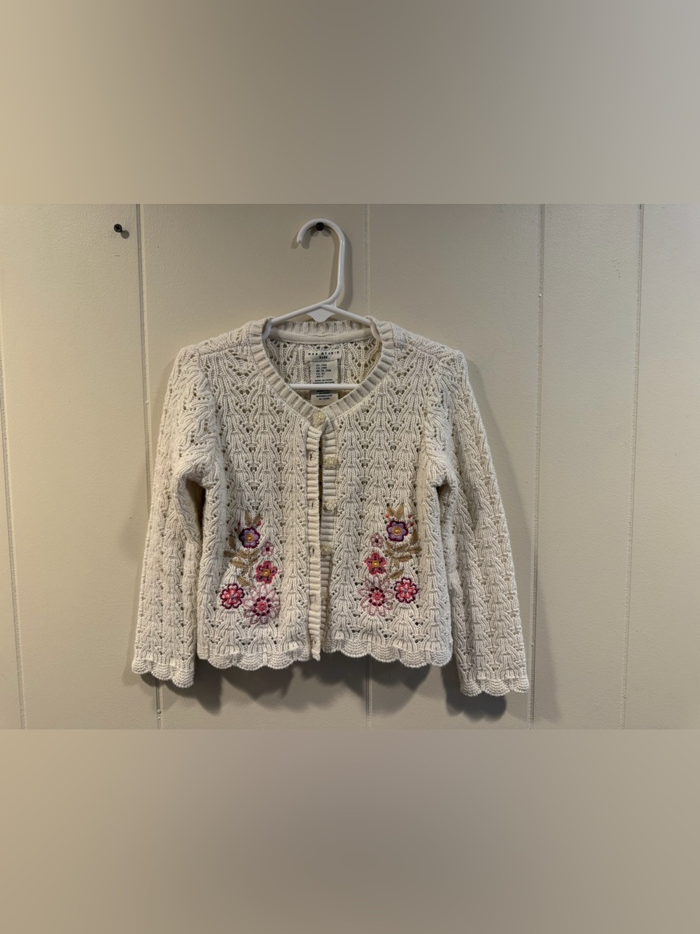 Max Studio Cream Cable Knit Cardigan with Pink & Purple Floral Embroidery